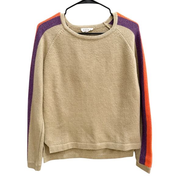 THML XS Beige Knit Sweater Colorblock Stripe Sleeves Purple Orange Crewneck - Picture 3 of 10